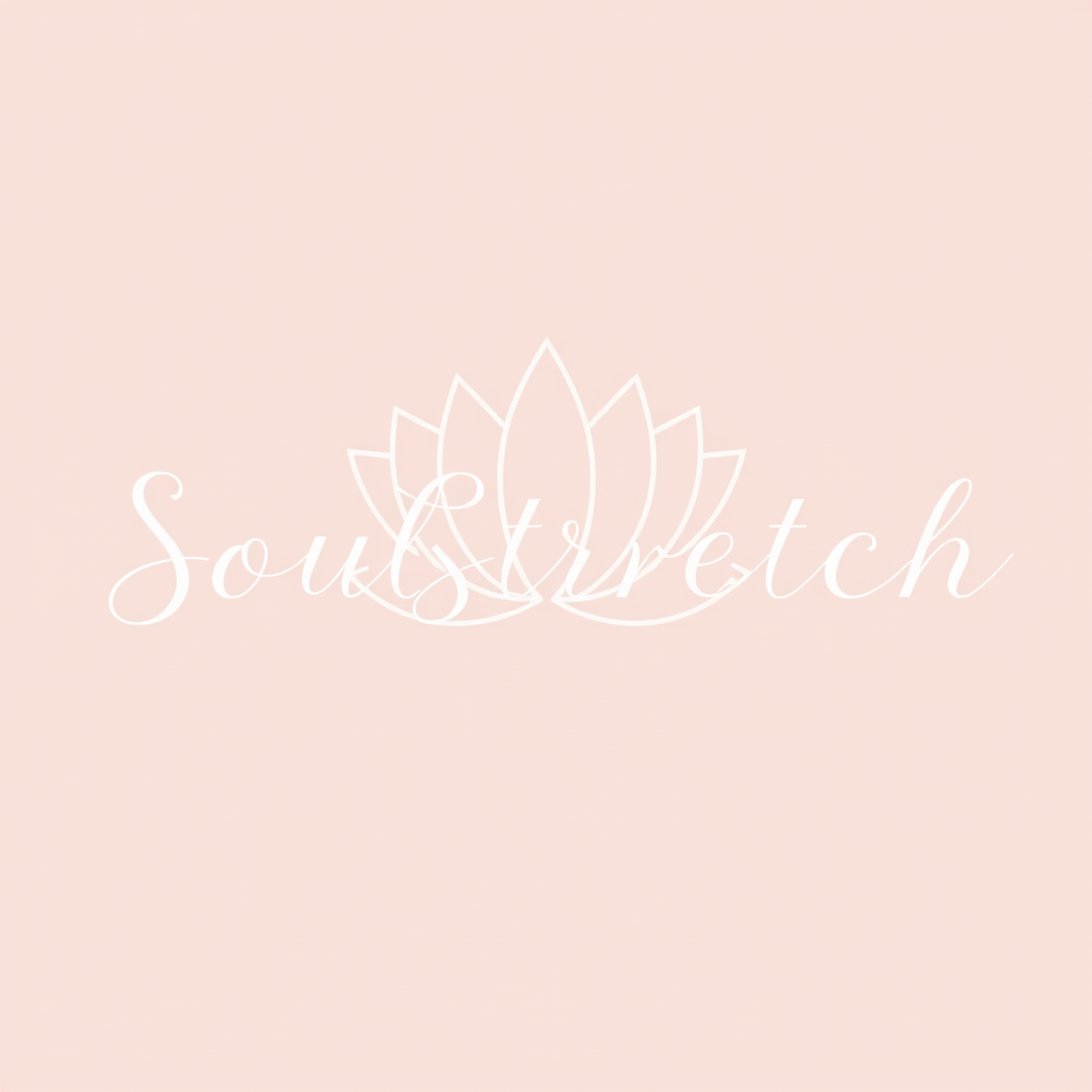 SoulStretch logo featuring elegant typography with a lotus flower symbol, representing yoga, mindfulness and feminine wellness in soft dusty rose color
