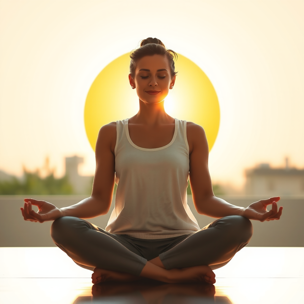 Serene woman sitting in meditation pose with beautiful sunrise or sunset light streaming through, symbolizing the transformative journey of consistent breathwork practice, surrounded by peaceful natural elements