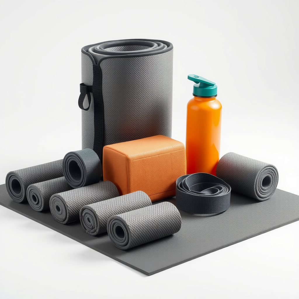 Neatly arranged yoga equipment including mat, blocks, strap, bolster, and water bottle in peaceful setting