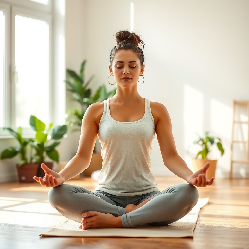 Woman practicing gentle morning yoga in soft natural light on a cream yoga mat in a peaceful bedroom setting with plants