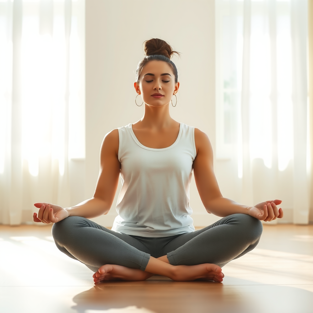 Serene woman sitting cross-legged in meditation pose practicing pranayama breathing exercises in a calm, minimalist space with natural light filtering through sheer curtains