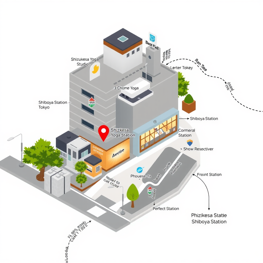 Map showing Shizukesa Yoga Studio location at 3 Chome-13-22 Sendagaya, Shibuya, Tokyo 151-0051, Japan, near Shibuya Station with surrounding landmarks and public transportation access points