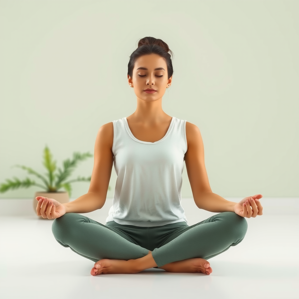 Serene woman sitting cross-legged in meditation pose with eyes closed, hands resting gently on knees, practicing pranayama breathing technique in a calm minimalist space with soft sage green tones and natural elements