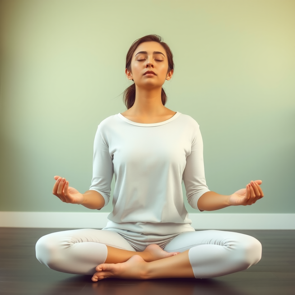 Serene woman sitting cross-legged practicing breathing exercises with eyes closed in a calm minimalist space with soft sage green tones