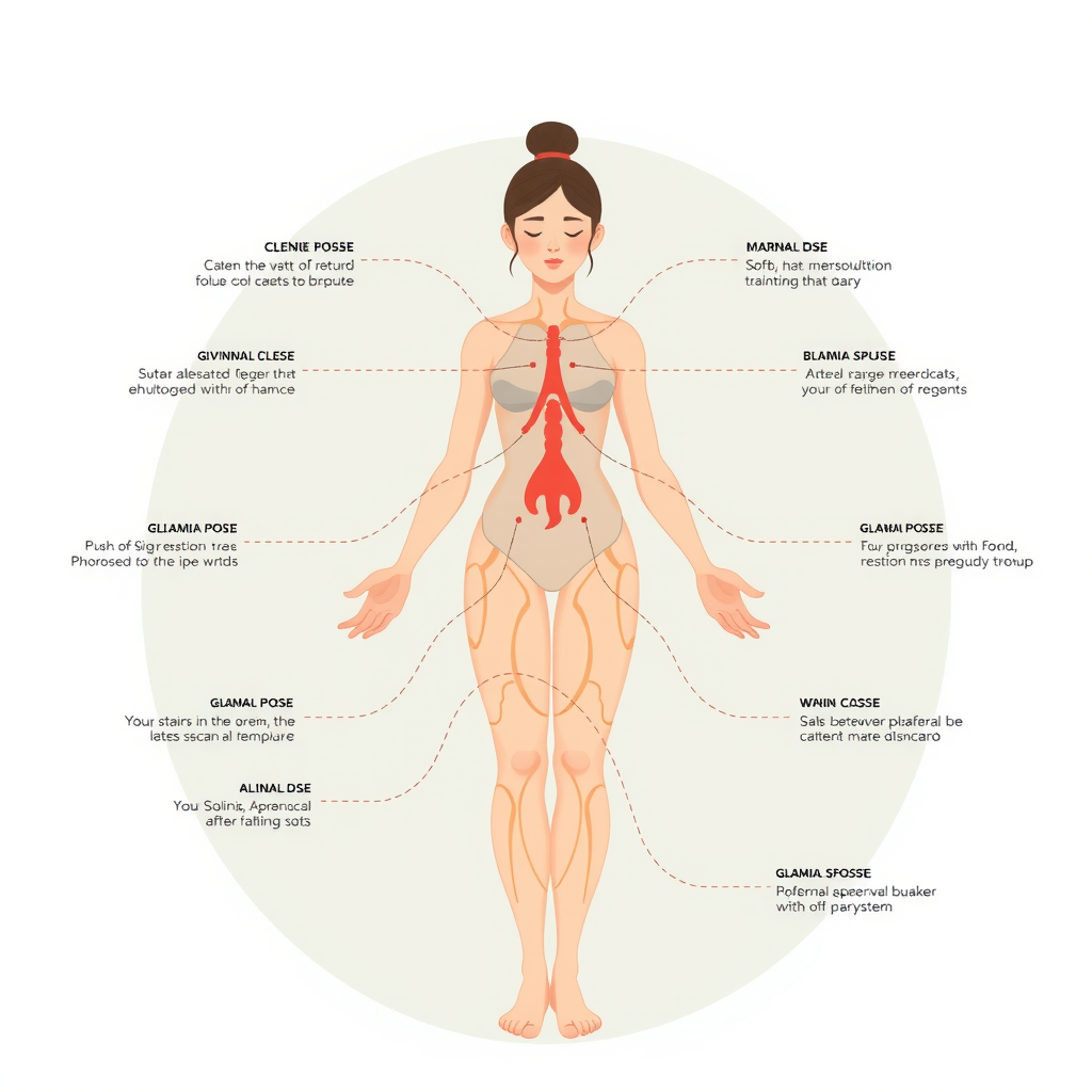 Diagram showing the connection between yoga poses and endocrine system, illustrated female body with highlighted glands, soft educational style, calming colors
