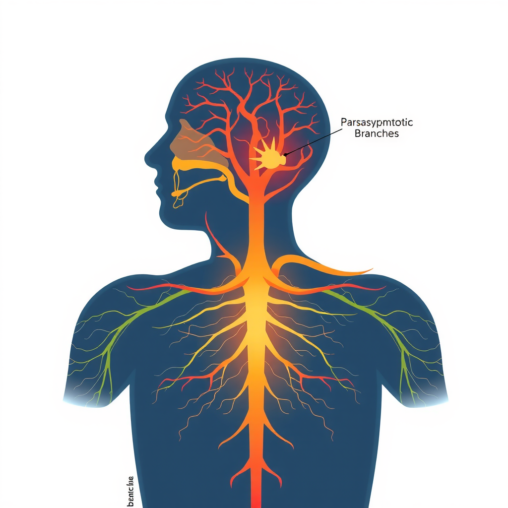 Educational illustration showing the human nervous system with highlighted parasympathetic and sympathetic branches, demonstrating how breathing affects stress response with calming color palette