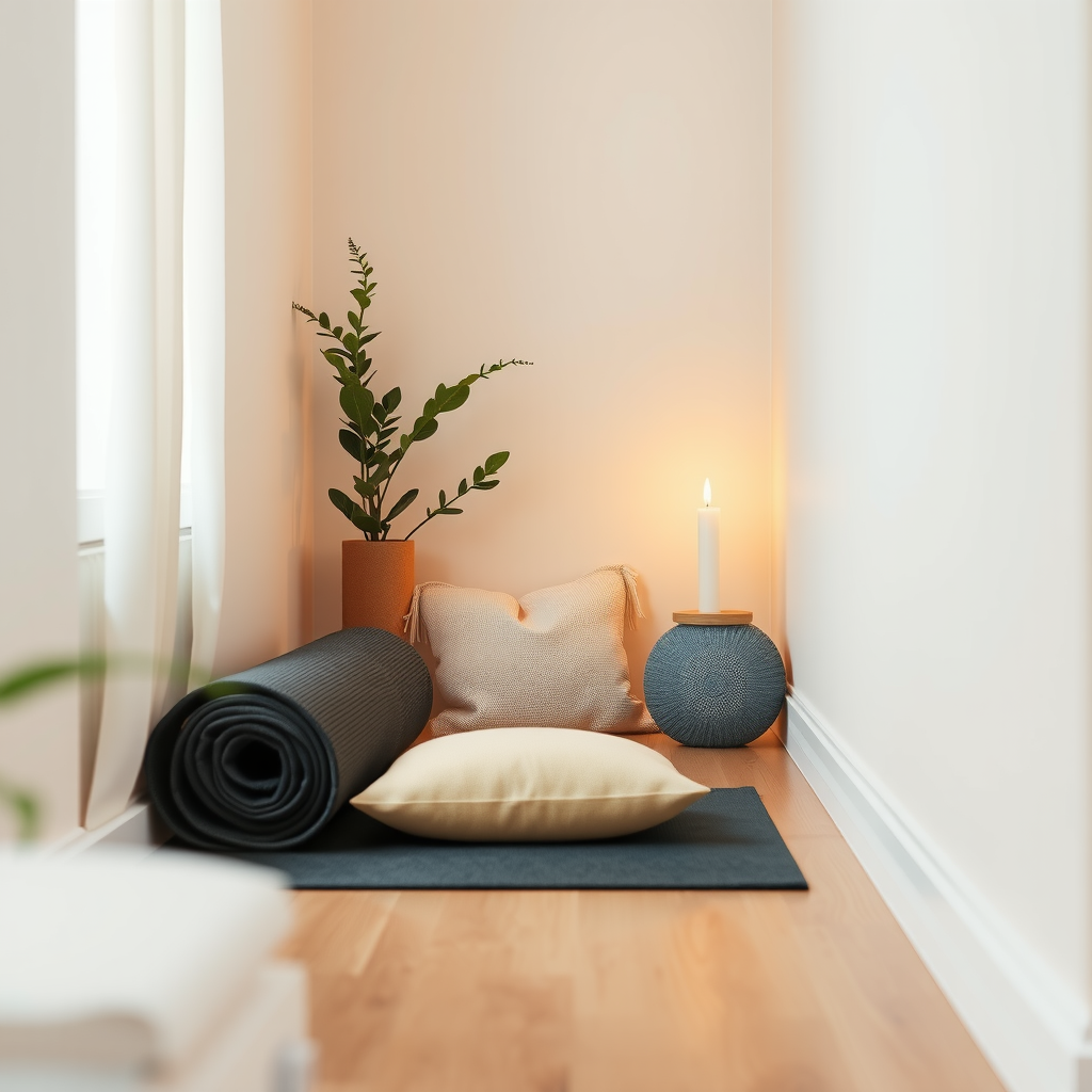Cozy yoga corner in small apartment, rolled yoga mat against wall, meditation cushion, small plant, candle, natural textures, warm lighting, minimalist setup
