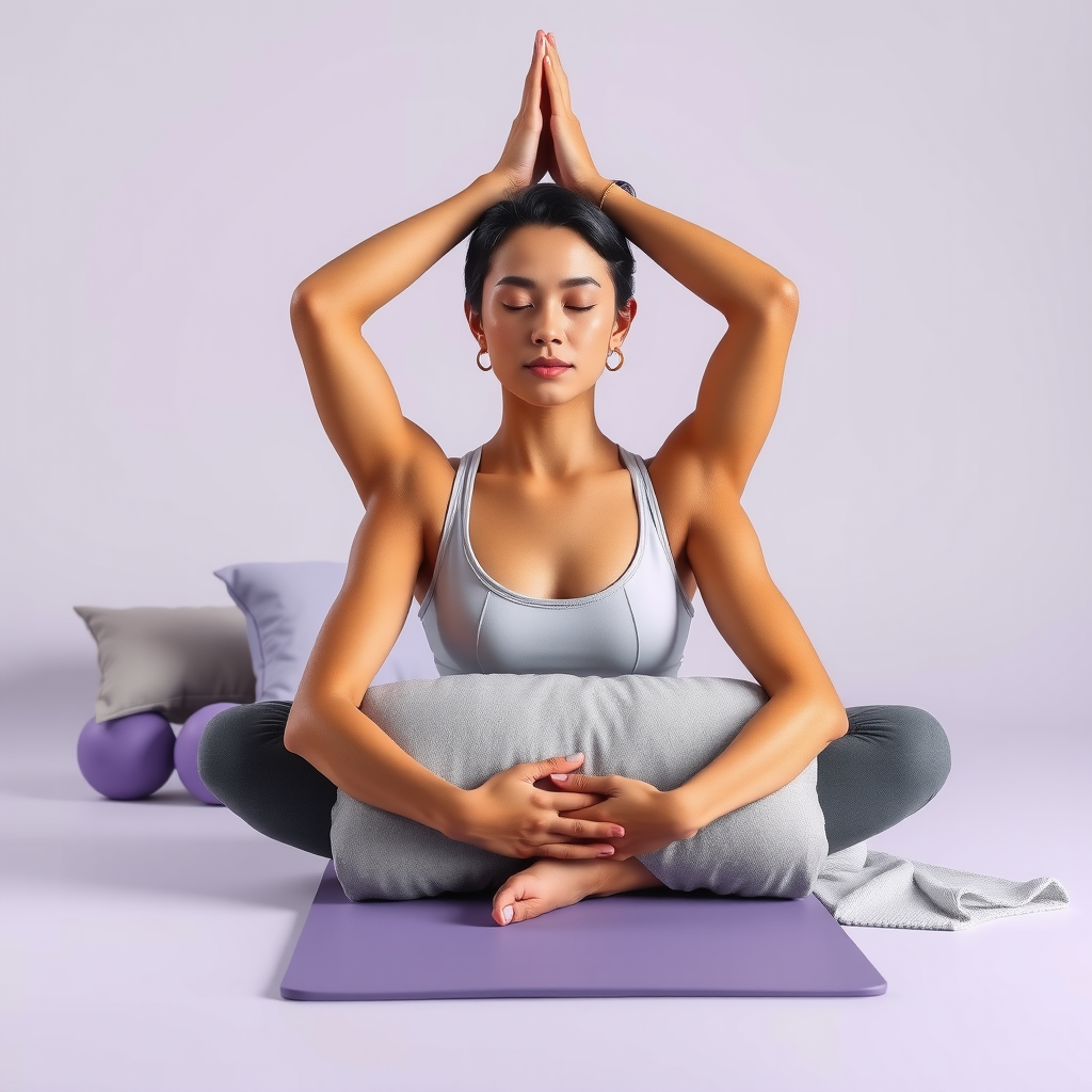 Woman in restorative yoga pose with props and bolsters in soft lavender toned room representing cycle-syncing practice
