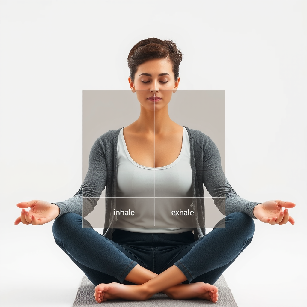 Woman in comfortable seated position practicing box breathing technique with soft overlay diagram showing the four equal phases of inhale, hold, exhale, hold in a square pattern