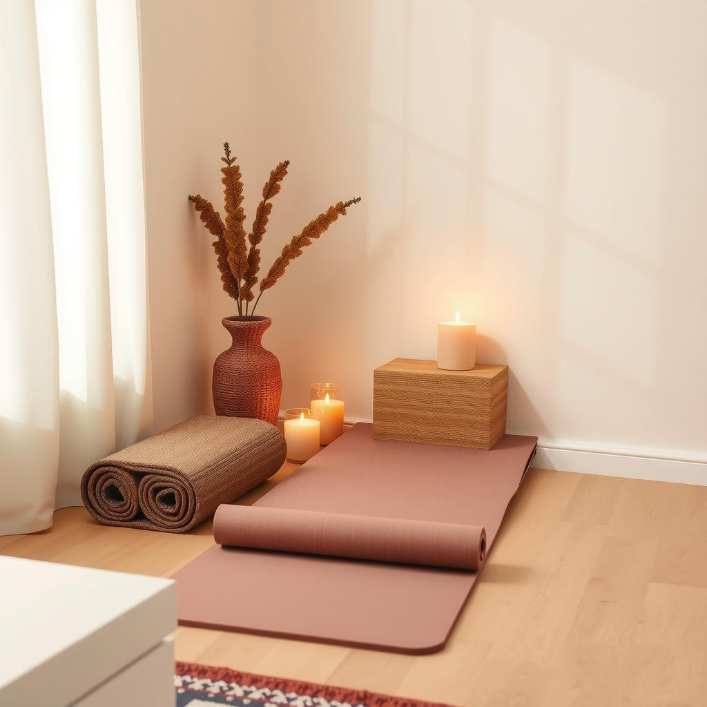 Cozy home yoga space with mat blocks and candles in small apartment corner with warm cream and dusty rose tones