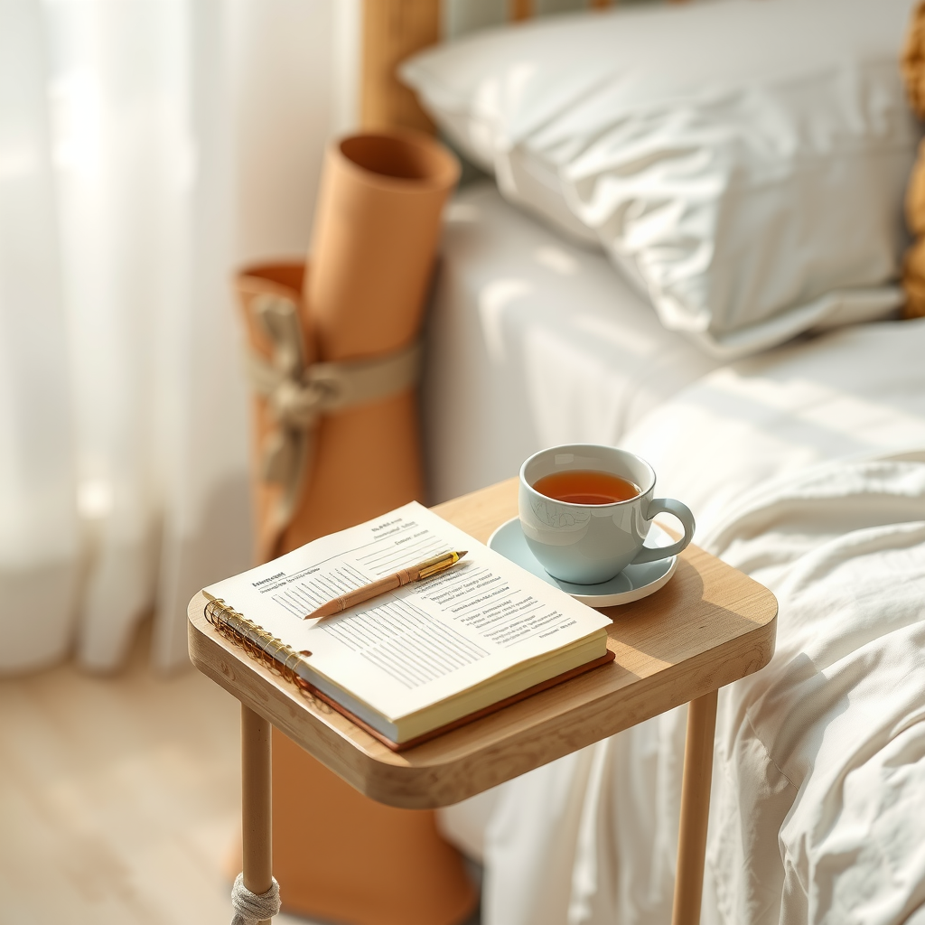Journal and tea on bedside table next to yoga mat, morning routine setup, soft lighting, peaceful bedroom scene, self-care atmosphere