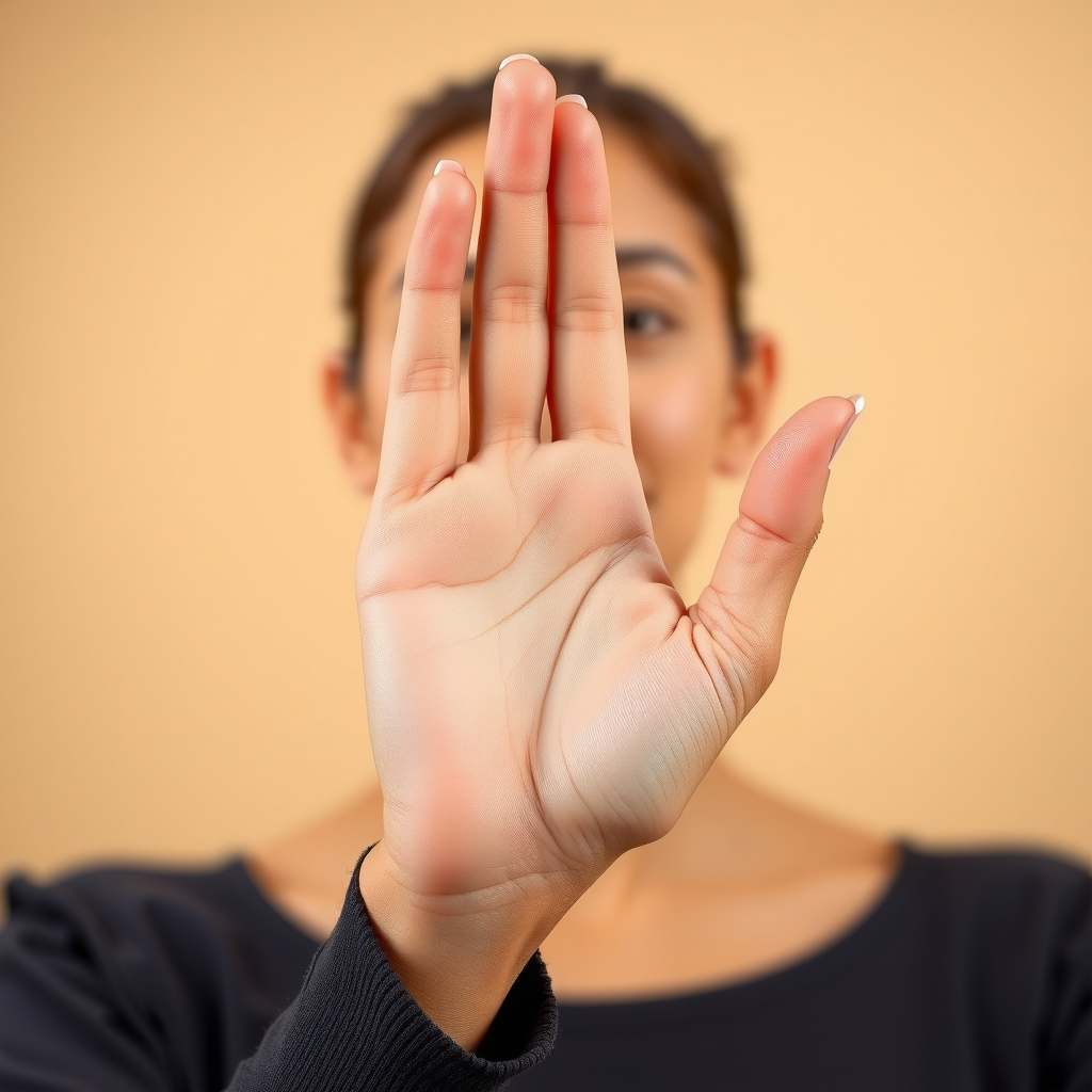 Close-up of woman's hand in Vishnu Mudra position with index and middle fingers folded, thumb and ring finger extended, demonstrating proper hand placement for alternate nostril breathing against soft neutral background