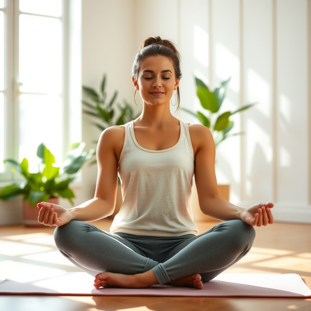 Woman in comfortable yoga clothes sitting in meditation pose on mat, morning light, peaceful expression, home environment, plants nearby, serene atmosphere