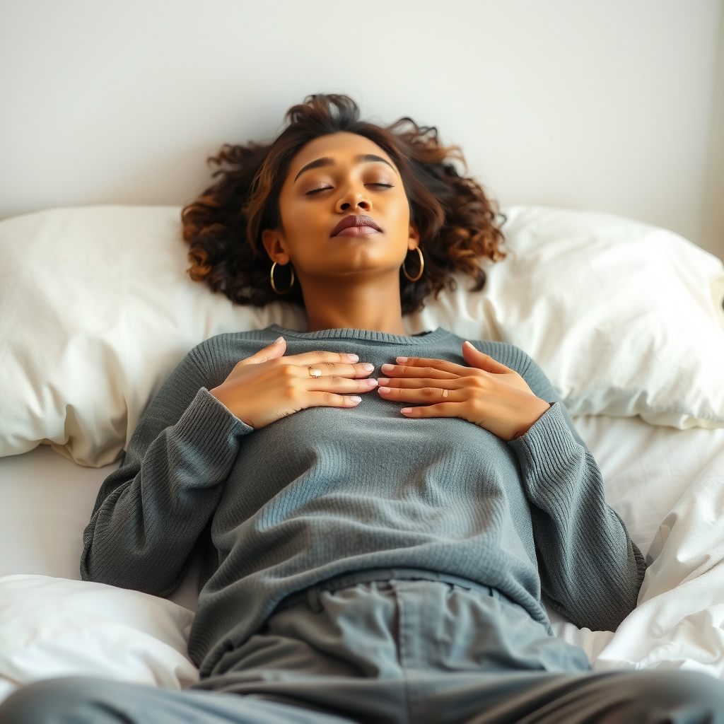 Woman lying comfortably on her back in a peaceful bedroom with soft lighting, practicing the 4-7-8 breathing technique with one hand on chest and one on belly, eyes closed in deep relaxation