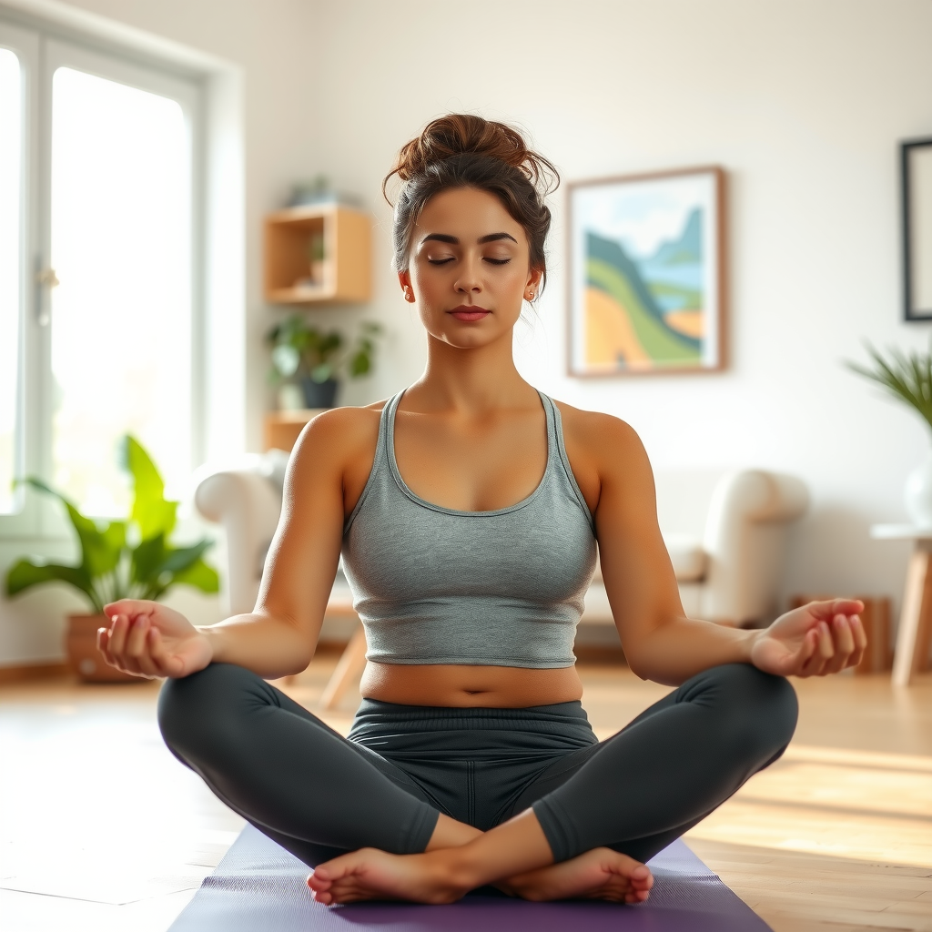 Woman practicing yoga at home in child's pose, peaceful expression, natural morning light, simple home setting, focus on mindfulness and relaxation