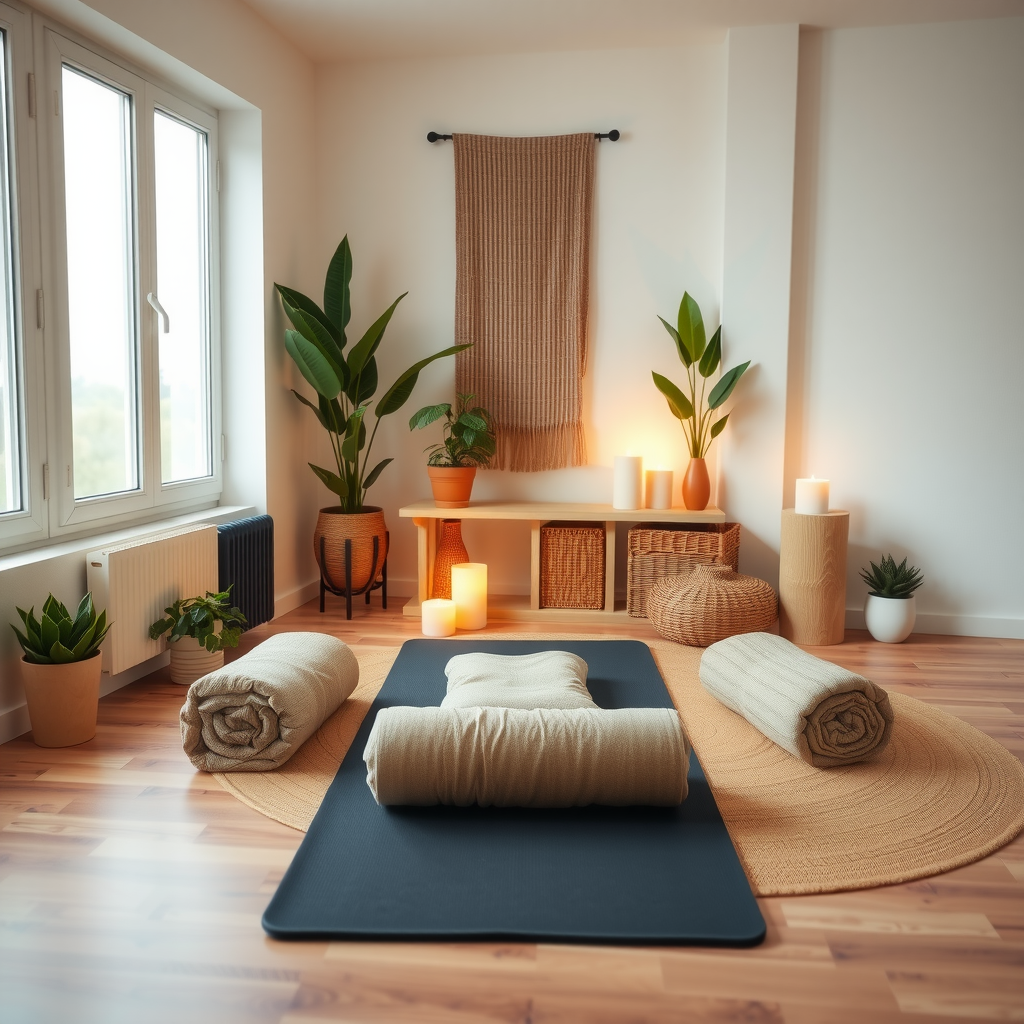 Inviting home yoga space with yoga mat, neatly arranged bolsters and blankets, soft ambient lighting from candles, potted plants, and a peaceful corner setup