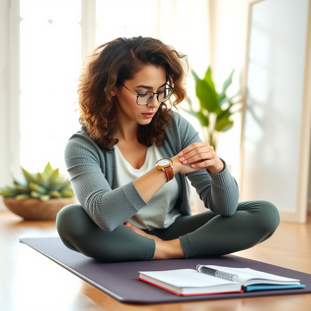 Woman checking time on watch while sitting on yoga mat, planning practice, notebook nearby, morning light, organized space, time management concept