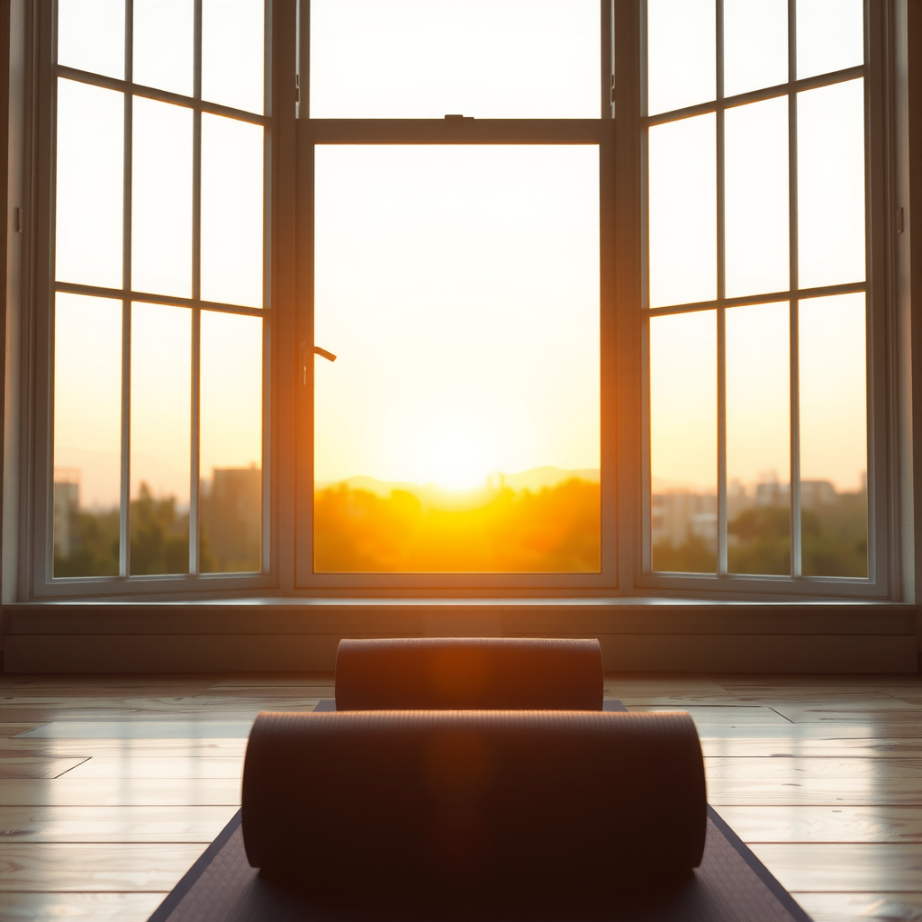 Sunrise through window with yoga mat in foreground, new day beginning, hopeful atmosphere, soft golden light, peaceful morning scene