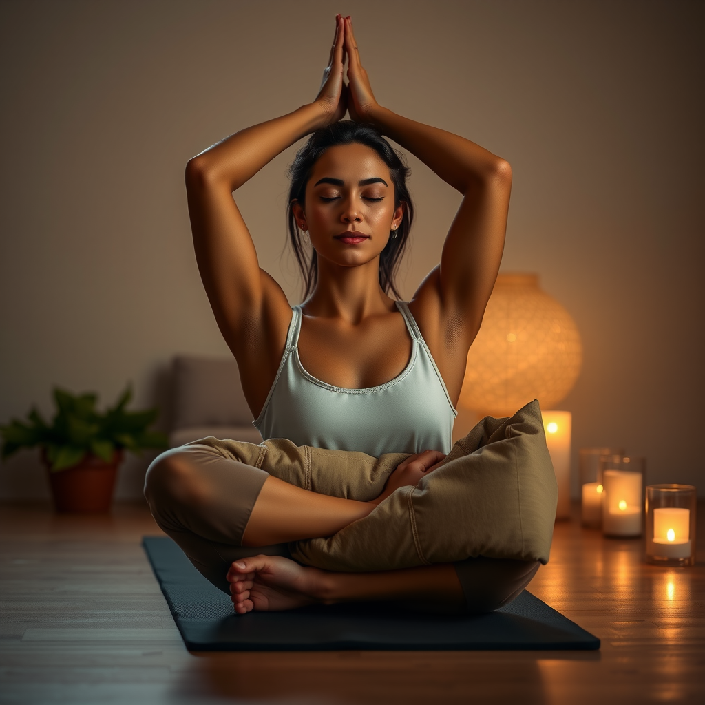 Woman practicing gentle evening yoga in dim lighting, restorative pose with bolster, candles nearby, peaceful atmosphere, self-care moment