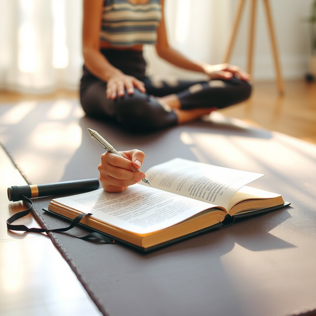 Open journal on yoga mat with pen, woman's hand writing, peaceful practice space, morning light, reflection and mindfulness concept